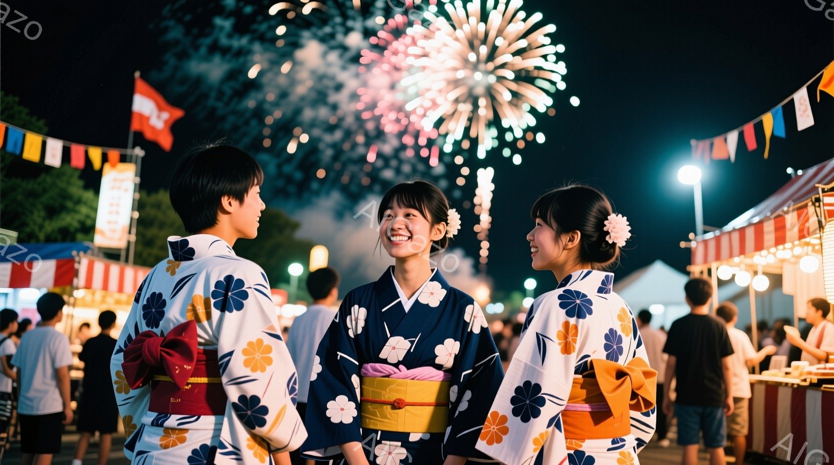 浴衣を着た若い女性と男性が、祭りの会場で笑顔で向き合っている。女性は濃い青色の浴衣に白い花柄、男性も同様の柄で、オレンジ色の帯が結ばれている。背景には、屋台が並び、夜空には花火が打ち上げられ、賑やかな - AI生成フリー素材