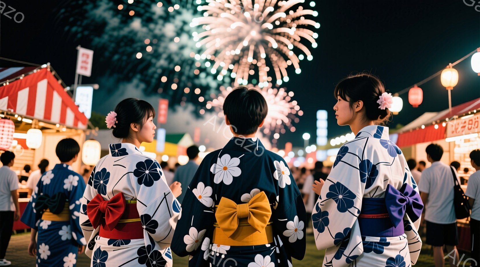 三人の女性が浴衣を着て、祭りの会場に立っている。白い浴衣に青い花柄が描かれ、それぞれ異なる色の帯を締めている。背景には屋台や人々が見え、夜空には花火が打ち上げられ、賑やかなお祭りの雰囲気が伝わってくる - AI生成フリー素材