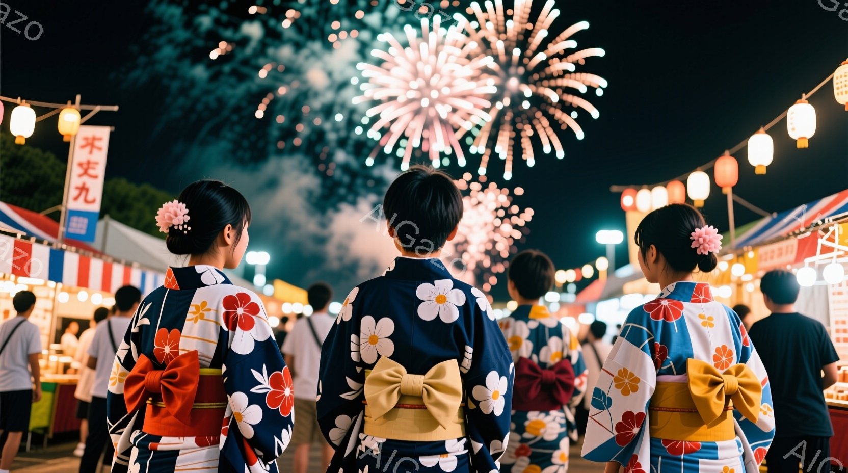 浴衣を着た女性たちが祭りの会場で花火を見上げています。彼女たちはそれぞれ異なる柄の浴衣を着ており、髪には飾りをつけています。背景には屋台が並び、多くの人々で賑わっており、夏の祭りの活気と興奮が伝わってきます。
