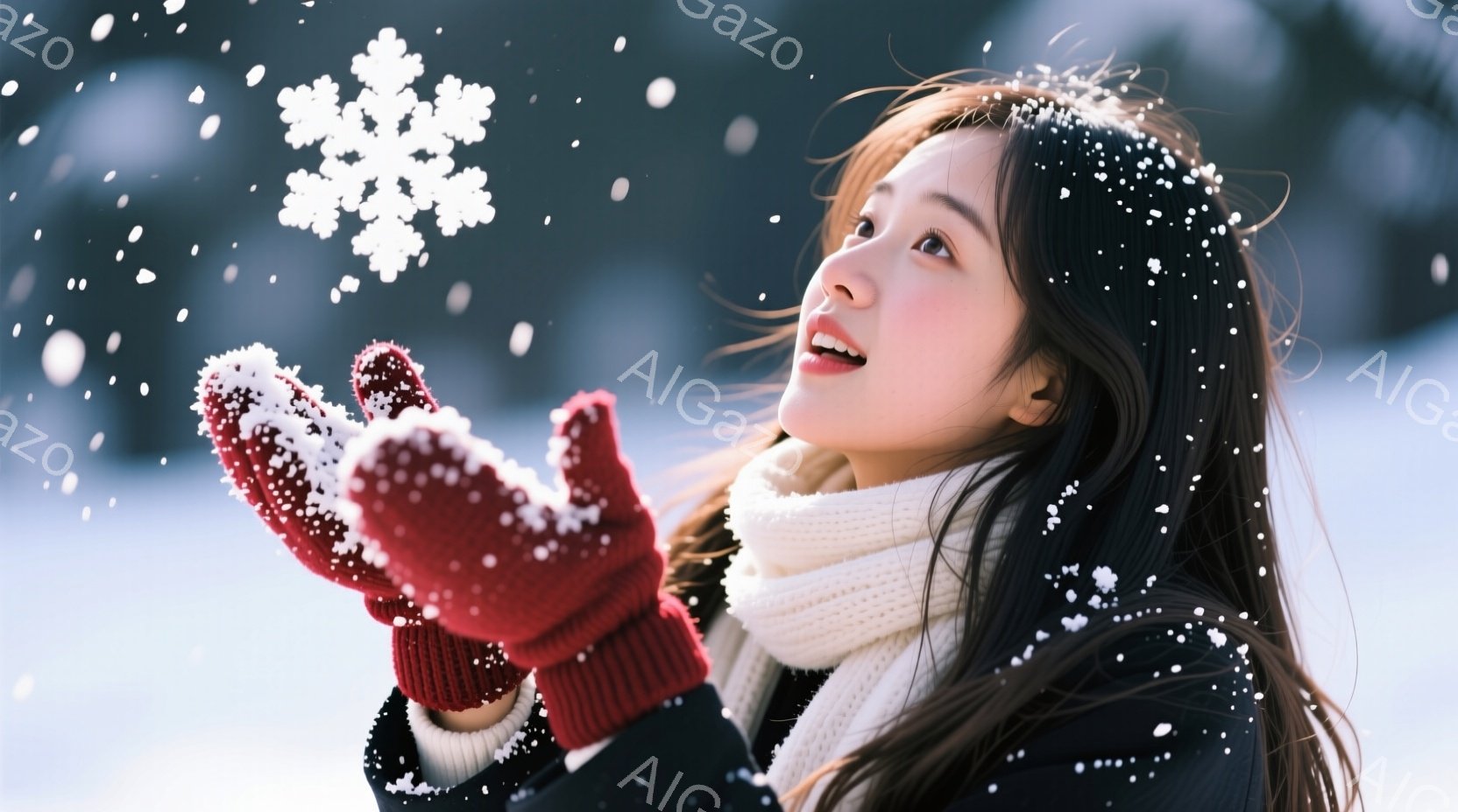 長い黒髪の女性が雪の中、赤い手袋を広げて雪片をキャッチしようとしています。白いニットのセーターとマフラーを身につけ、少し上目遣いで微笑んでおり、冬の暖かさと楽しさを表現しています。背景はぼやけていますが、雪景色が広がり、穏やかで幻想的な雰囲気を醸し出しています。
