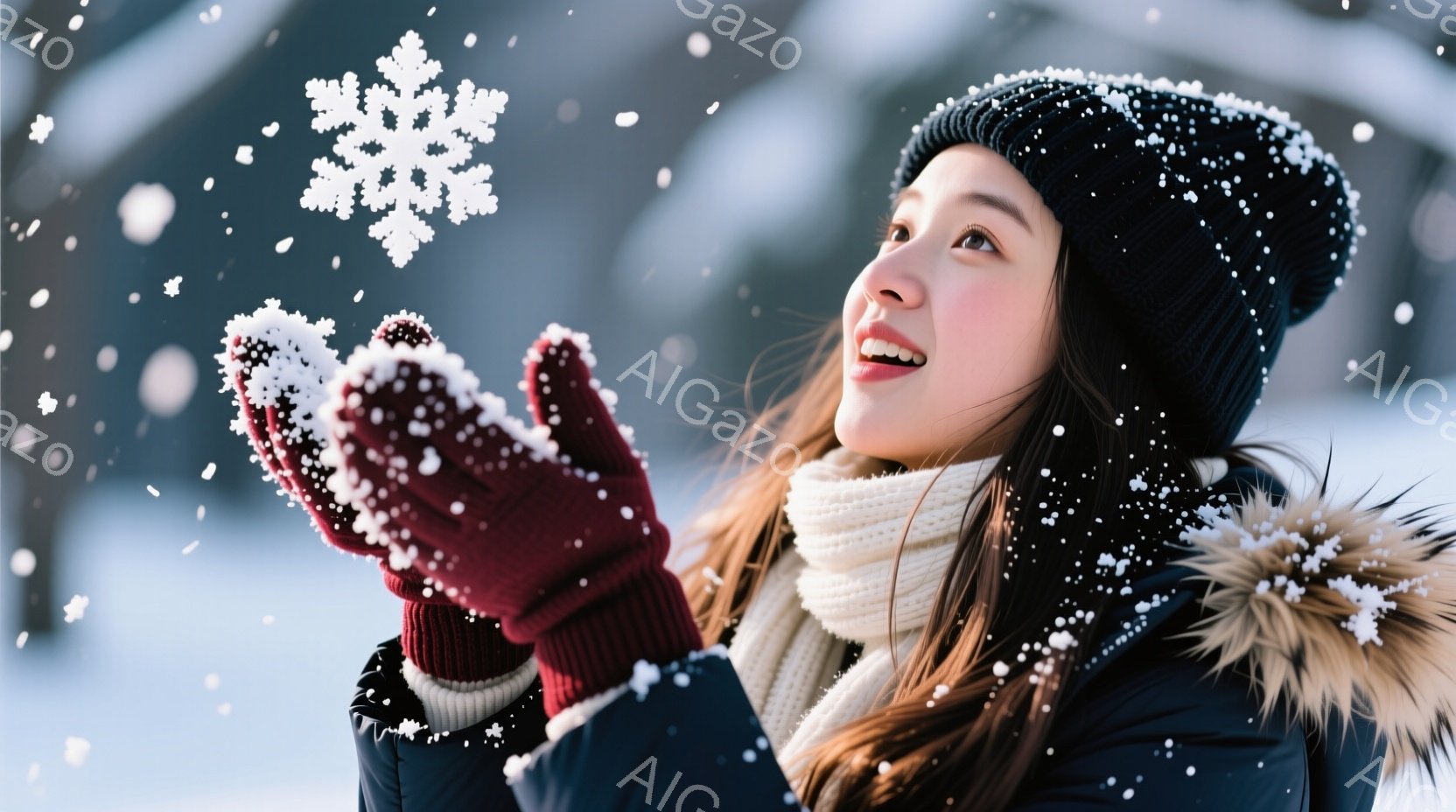 雪が降る中で、ニット帽とマフラーを身に着けた若い女性が、片手を前に伸ばして雪をキャッチしようとしています。彼女は赤い手袋を着用しており、口角が上がり、楽しそうな笑顔を浮かべています。背景はぼやけており、雪景色が広がっています。
