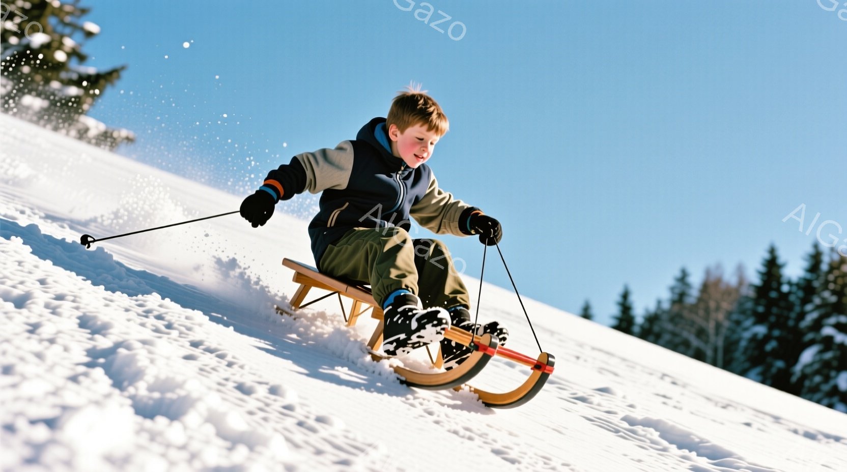 少年は雪の上をそりに乗って急降下しており、嬉しそうな笑顔を浮かべている。彼は紺色のジャケット、緑色のズボン、黒い手袋とブーツを身につけており、茶色の髪は少し無造作に整えられている。背景には雪に覆われた - AI生成フリー素材