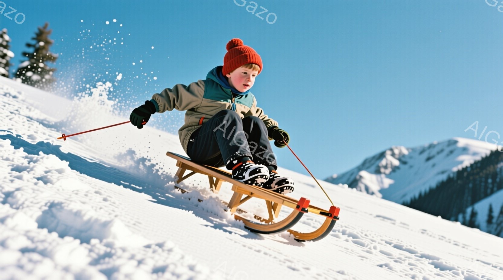 雪の上をそりに乗って下る少年が写っている。彼は赤いニット帽、緑と黒のジャケット、黒いズボンを着用し、顔は楽しげな表情で、髪は短く整えられている。背景には雪山が広がり、青空の下、雪が舞う冬の風景が広がり - AI生成フリー素材