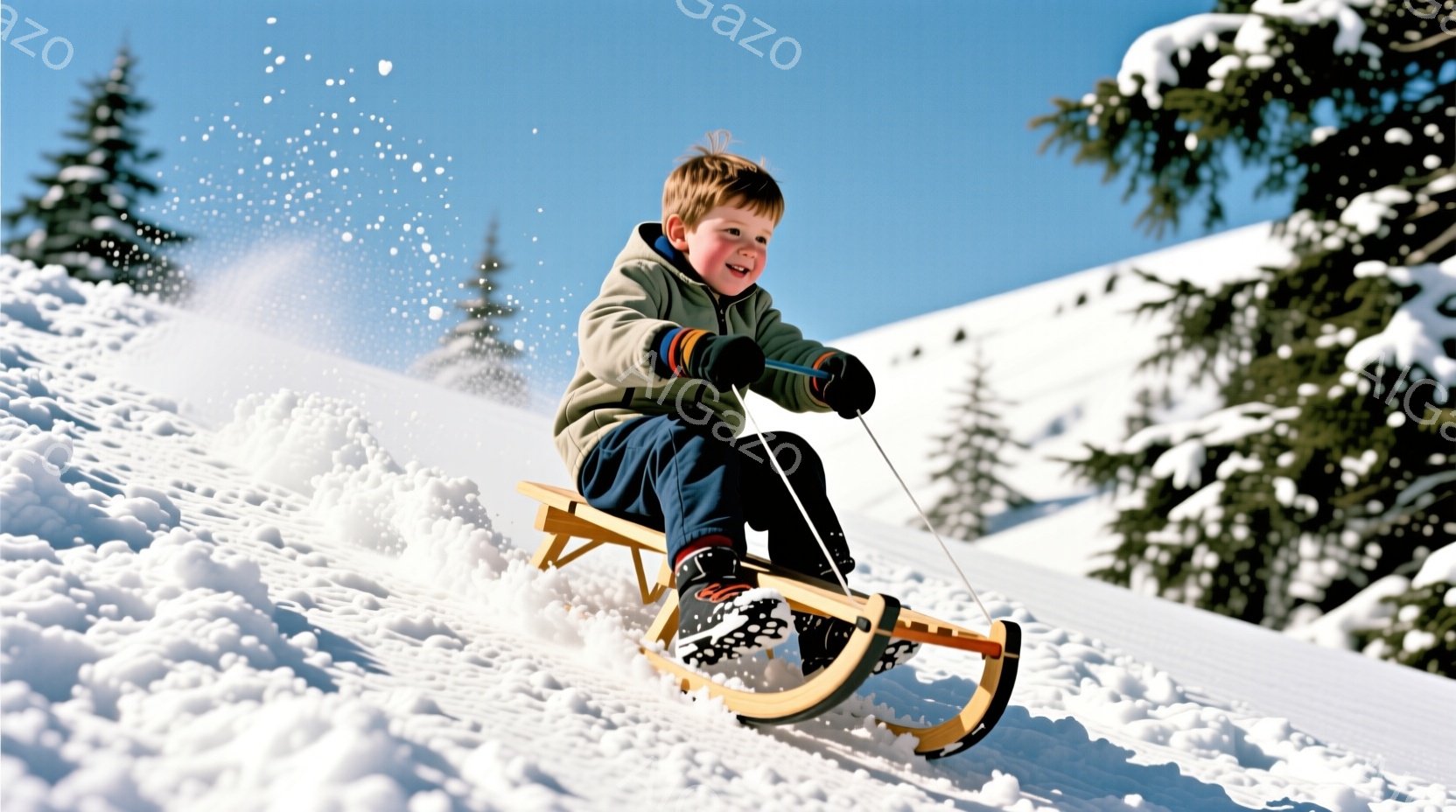 金髪の少年が雪の上をそりに乗って勢いよく滑り降りています。彼は濃い青色のズボンと灰色のジャケットを着ており、楽しそうな笑顔を浮かべています。背景には雪をまとった木々と白い山々が広がり、晴天の下、冬の活 - AI生成フリー素材