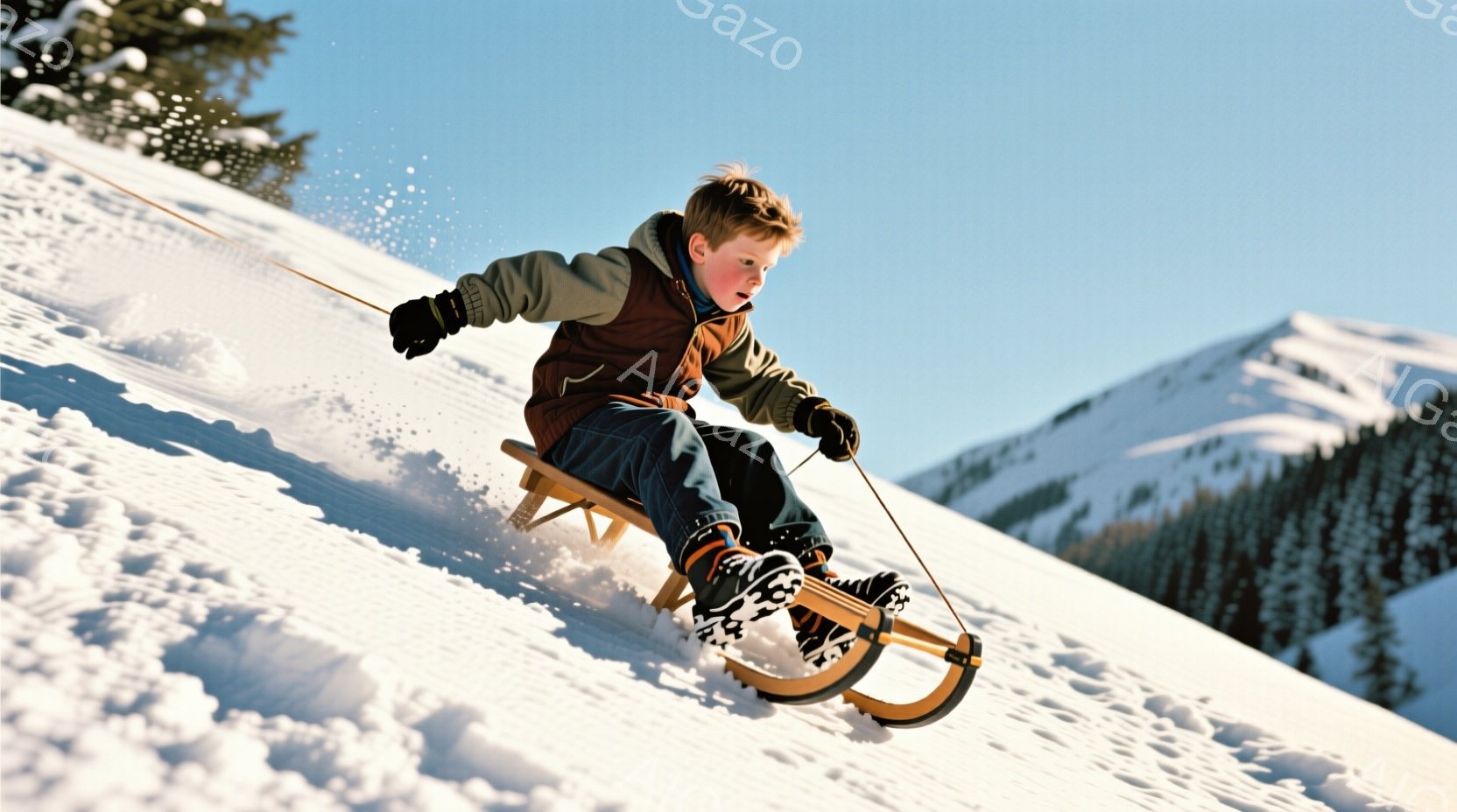 雪の上をそりに乗って滑っている少年が写っています。彼は、紺色のズボン、茶色のジャケット、緑と茶色の組み合わせの袖を持つセーターを着ており、茶色の髪は少し乱れています。背景には雪をまとった山々と晴れた青空が広がり、冬の爽やかな雰囲気が漂っています。