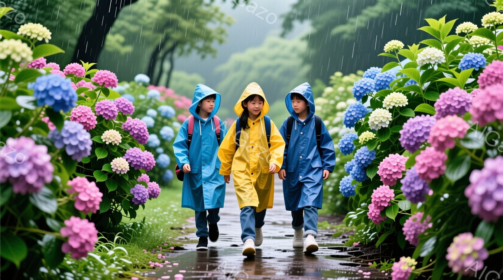雨の中、紫陽花の花並木を歩く三人の子供たちが写っています。青と黄色のレインコートを着て、少し前かがみになりながら、足元に注意しながら歩いています。背景には、さまざまな色の紫陽花が咲き乱れ、雨に濡れてよ - AI生成フリー素材