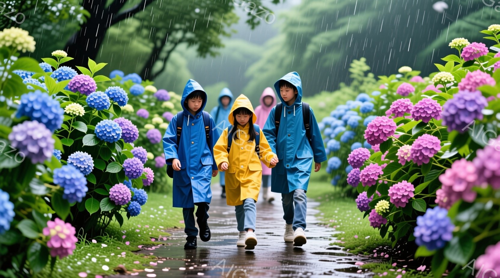 雨の中、青と黄色のレインコートを着た三人の子供たちが、紫と青の紫陽花で覆われた道を歩いている。彼らは皆、髪を隠すフードをかぶり、前を見据えて歩いているが、表情ははっきりとは見えない。背景は紫陽花でいっぱいの緑豊かな風景で、雨粒が降り注ぎ、しっとりとした、少し幻想的な雰囲気を醸し出している。