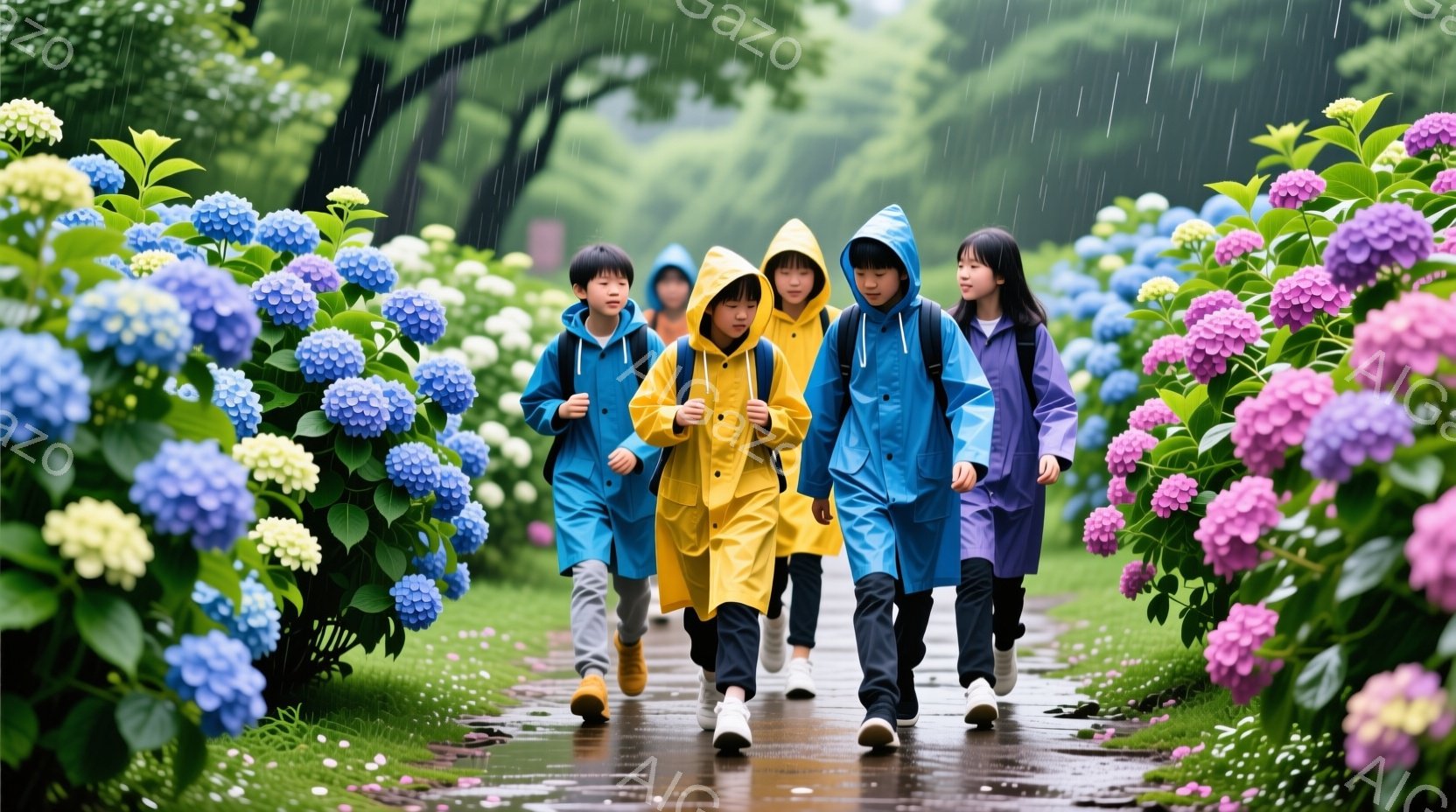 雨の日に紫陽花の花畑を歩く小学生の子供たちが写っています。子供たちはそれぞれ青、黄、紫のレインコートを着て、リュックを背負い、前を向いて歩いています。背景には紫陽花が咲き乱れ、雨粒が降り注ぎ、全体的に爽やかで、少しノスタルジックな雰囲気です。