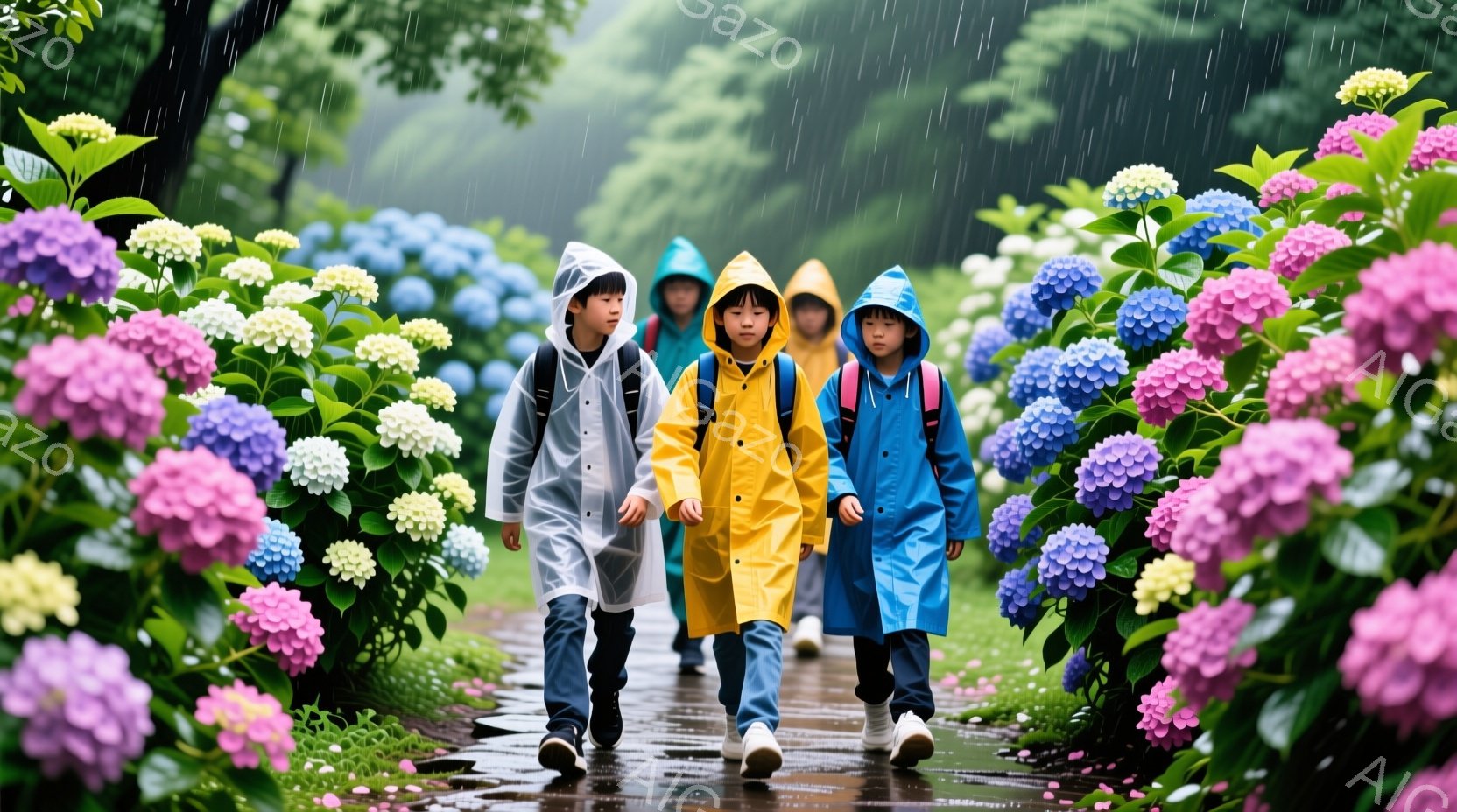 雨の日に紫陽花の中を歩く三人の子供たちが写っている。子供たちはそれぞれ透明、黄色、青のレインコートを着て、頭にかぶっている。紫陽花の花が咲き乱れ、背景を鮮やかに彩り、雨粒が降り注ぐ幻想的な雰囲気を醸し出している。