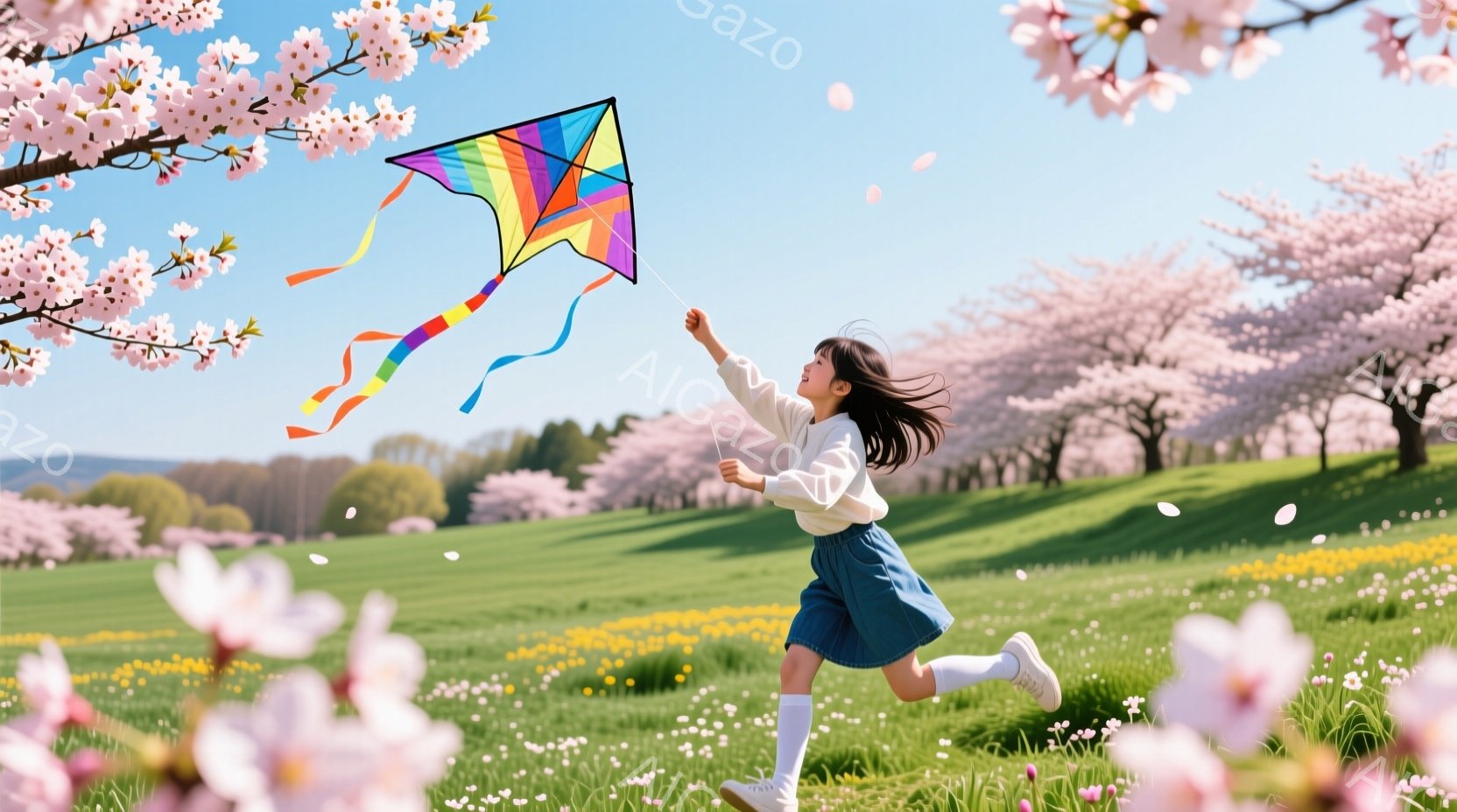 少女は、桜並木が広がる緑の草原を駆け抜けながら、色とりどりの凧を高く上げています。白いセーターと紺色のスカート、白い靴下とスニーカーを身に着け、長い黒髪を後ろでまとめています。彼女の表情は楽しそうで、 - AI生成フリー素材