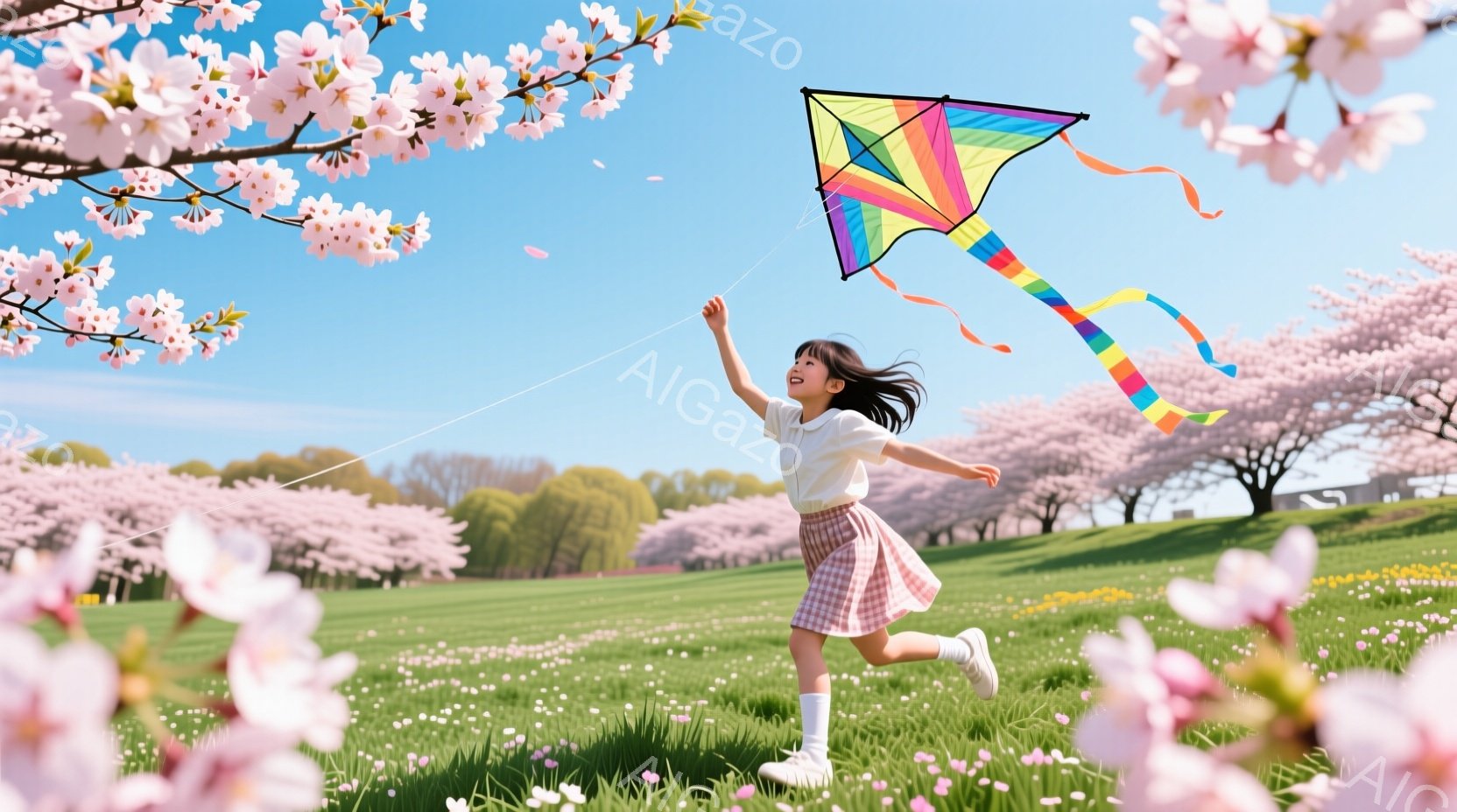 少女はピンク色のチェック柄のスカートと白いシャツを着て、草原を駆け抜けています。彼女は黒髪をなびかせ、満開の桜並木の下でカラフルな凧を高く掲げて、笑顔を見せています。背景には青空と緑の芝生が広がり、春の暖かく穏やかな雰囲気が漂っています。