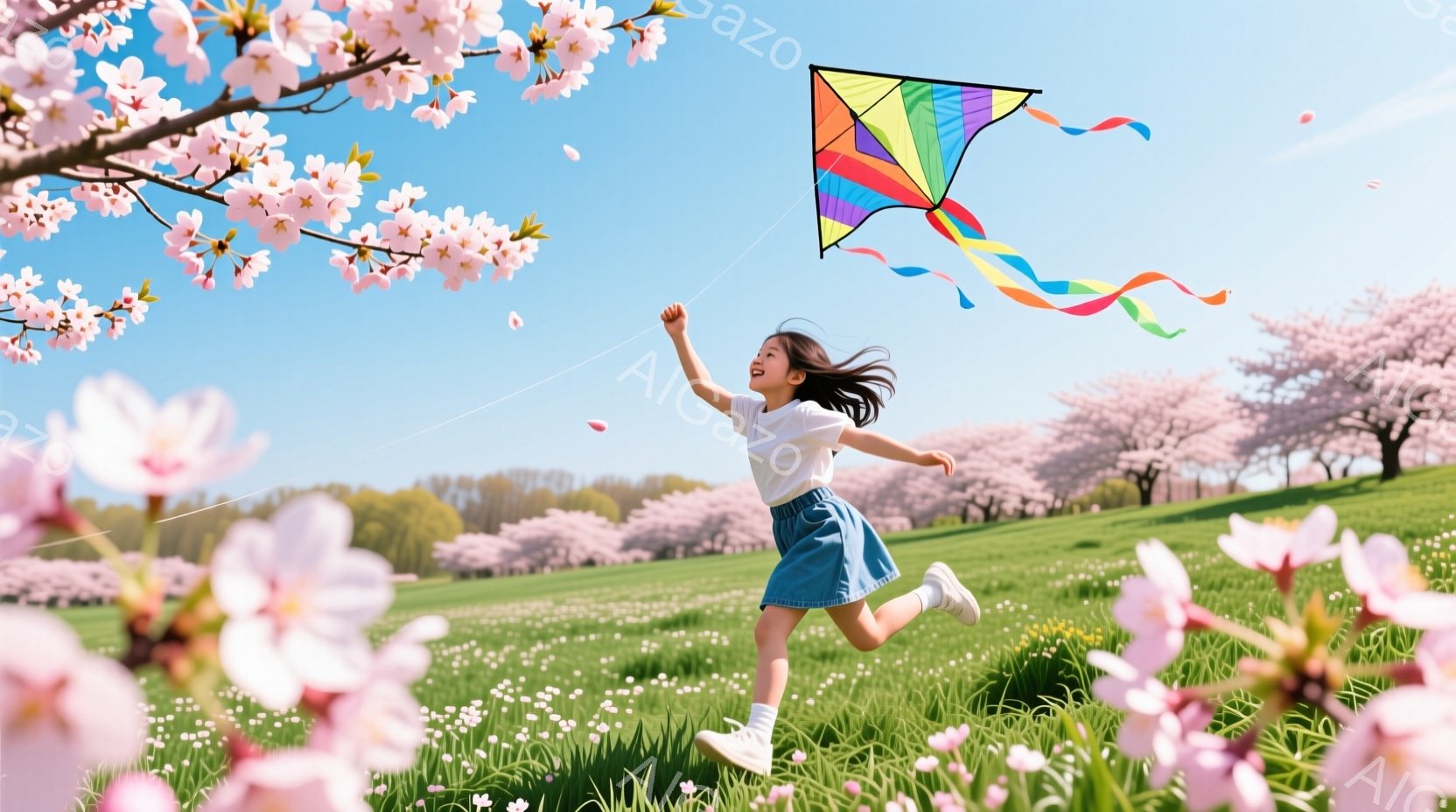 少女は桜並木の広場で、カラフルな凧を高く上げて走り回っている。白いTシャツにデニムのスカート、そしてスニーカーというカジュアルな服装で、長い黒髪が風になびいている。背景には満開の桜並木が広がり、青空と緑の芝生、そして舞い散る花びらが春の暖かく明るい雰囲気を演出している。