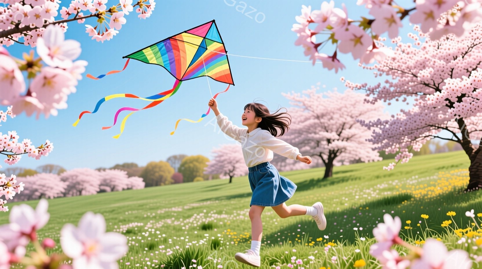 少女は、ピンク色の桜並木が咲き誇る緑の草原を駆け抜けています。白いブラウスに水色のスカート、そして白いスニーカーという軽装で、黒髪をなびかせながらカラフルな凧を高く上げています。明るい日差しと満開の桜が、春の喜びと活気に満ちた雰囲気を醸し出しています。