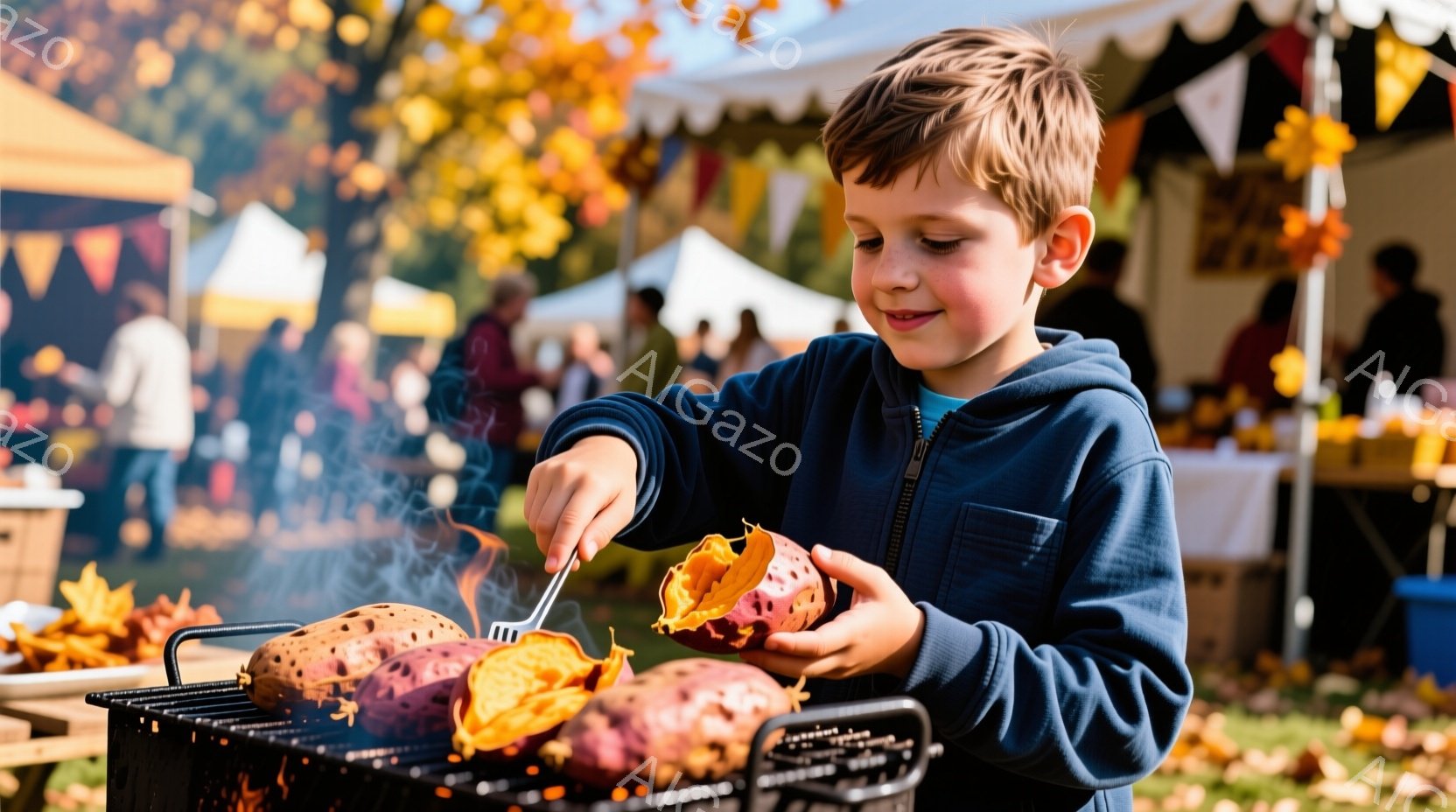 少年は、炭火で焼かれた甘芋をフォークでつついています。青いパーカーを着ており、明るい笑顔で楽しそうに甘芋を見つめています。背景には、屋台やテント、木々が見え、秋のイベントのような賑やかな雰囲気です。 - AI生成フリー素材