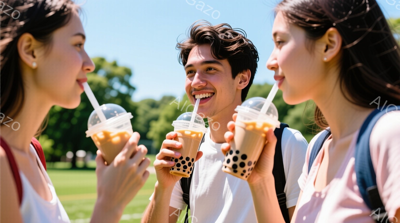 三人の若者がバブルティーを飲んでいる写真です。中央の男性は白いTシャツを着ており、満面の笑みを浮かべています。両脇の女性は赤いシャツを着ており、バブルティーを飲みながら少し微笑んでいます。