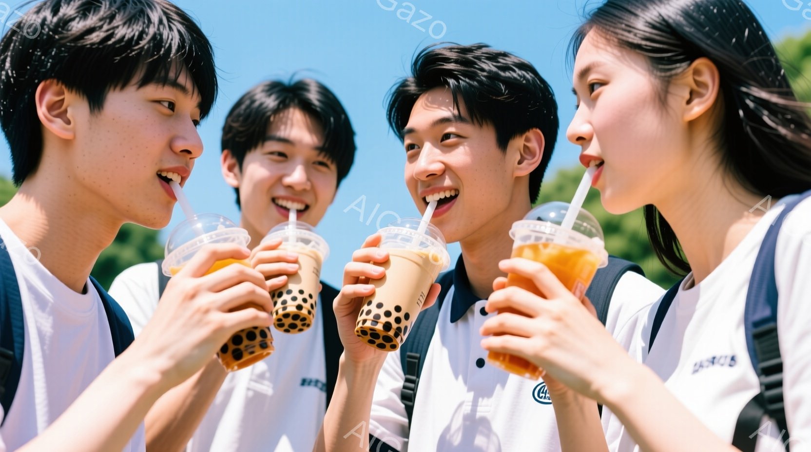 四人の若い男女がバブルティーを楽しんでいる写真です。白いポロシャツを着ており、それぞれリュックサックを背負っています。背景には緑豊かな木々が見え、晴天の下、楽しそうな雰囲気です。