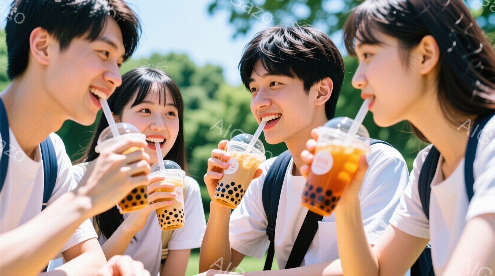 4人の若い男女がバブルティーを飲みながら楽しそうに笑っています。彼らは皆、白いシャツにネイビーのブレザーという制服のような服装をしており、肩にはバッグをかけています。背景は緑豊かな公園で、晴れた空と木々が見え、明るく若々しい雰囲気を醸し出しています。
