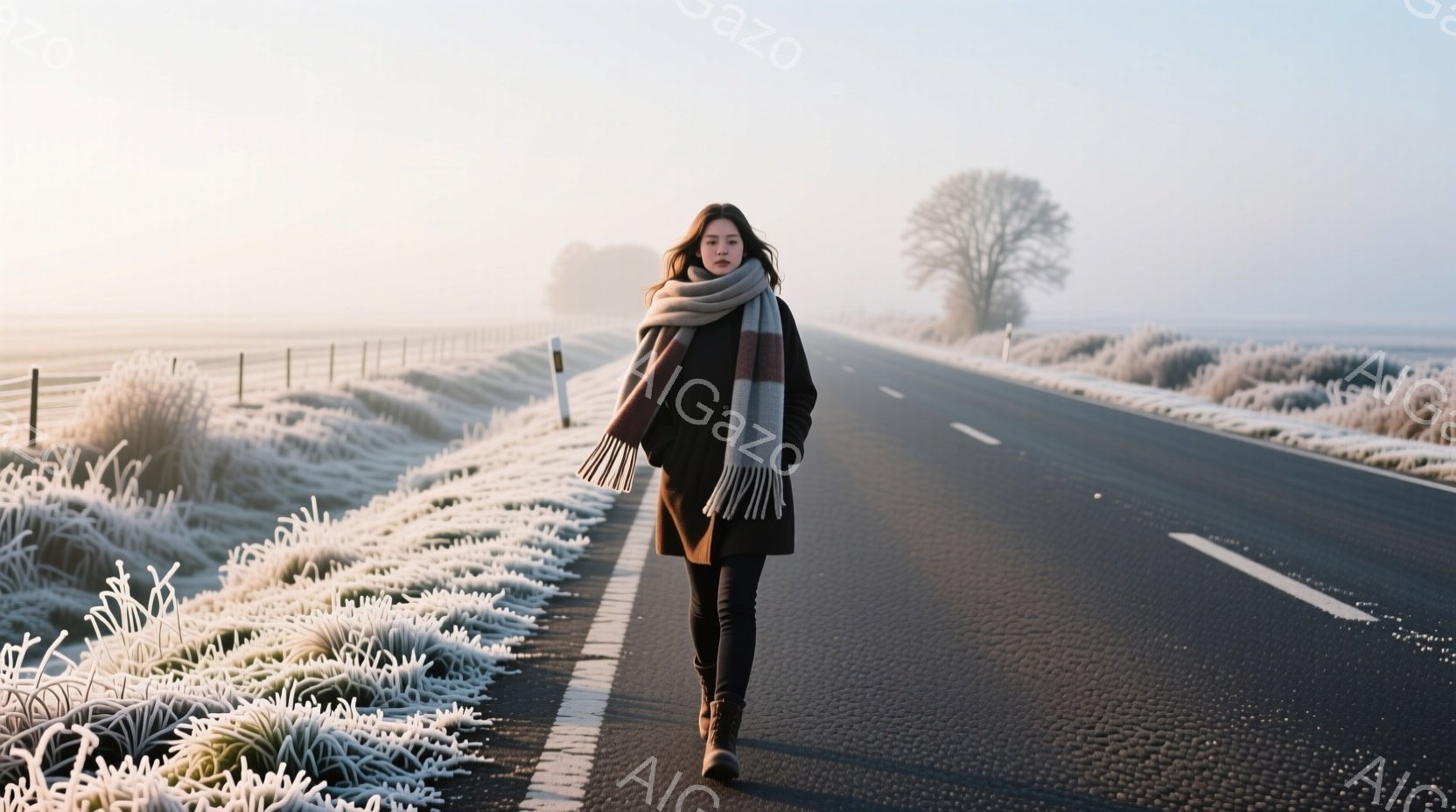 凍てつくような冬の朝、女性が霜で覆われた道路を歩いている。彼女は黒のコートと黒のズボンを着用し、暖かいベージュとグレーのストライプのショールを首に巻いている。背景には霜で覆われた草原と、遠くに見える裸の木々が広がっており、全体的に静かで寒々とした冬の雰囲気が漂っている。