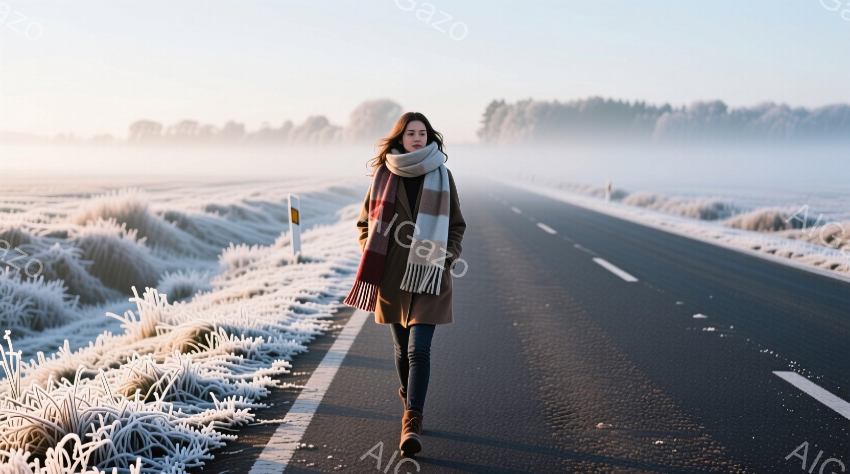 茶色のコートとジーンズを着た女性が、霜が降りた草原の横の道路を歩いている。彼女は暖かいストライプのスカーフを巻き、少し前かがみの姿勢で、どこか遠くを見つめているようだ。背景には霧がかった木々が見え、全 - AI生成フリー素材