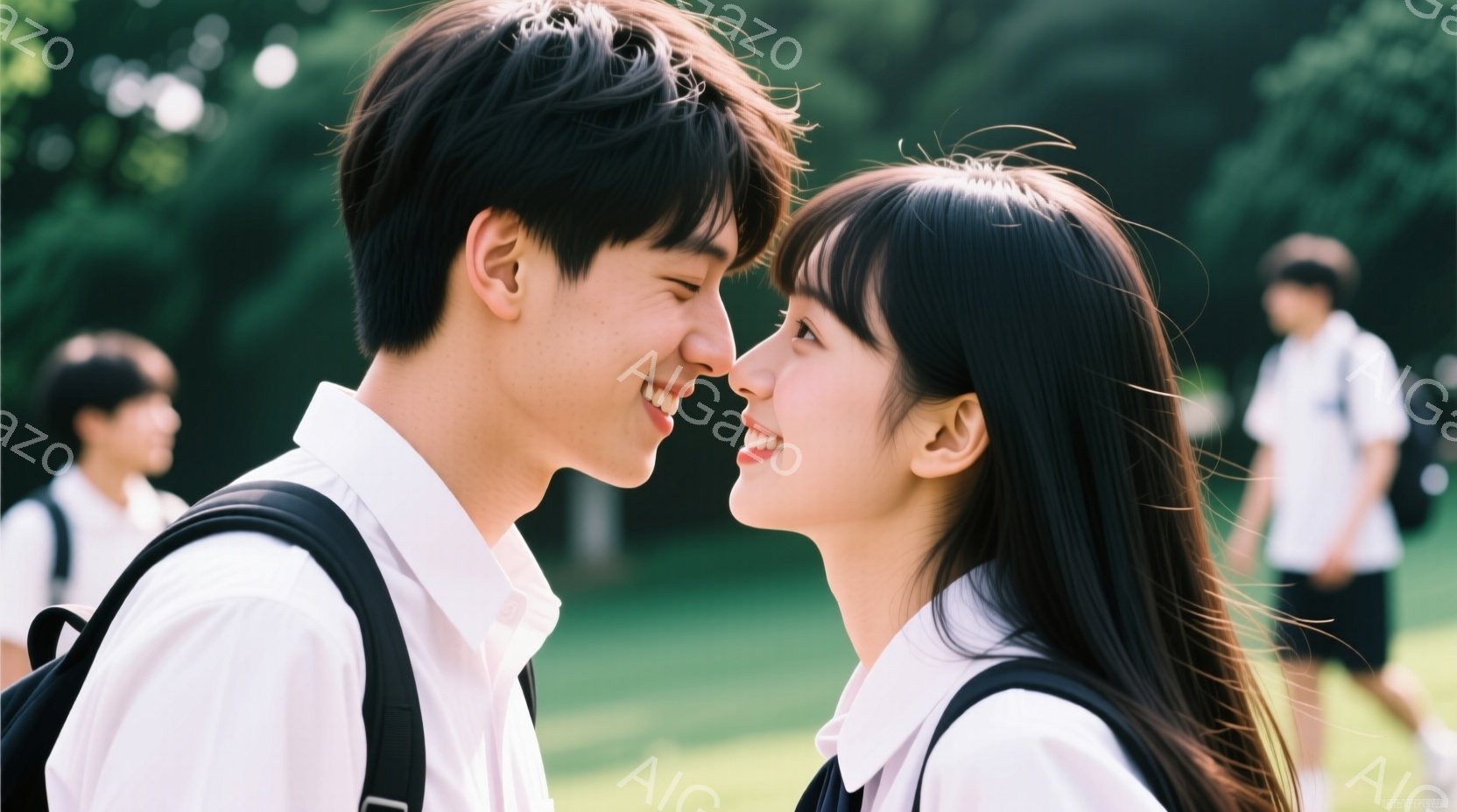 制服を着た若い男女が顔を近づけ、微笑み合っている。背景は緑豊かな芝生と木々で、晴れた日の穏やかな雰囲気を感じさせる。二人はリュックサックを背負っており、制服から学生であることがわかる。 - AI生成フリー素材