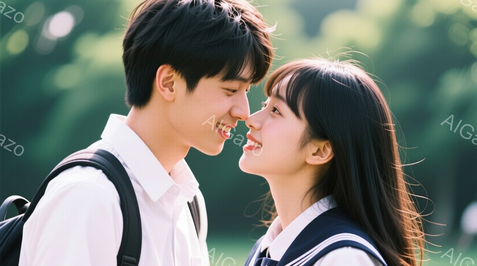 制服を着た男女が互いに微笑み合い、顔を近づけています。男性は黒髪で、白いシャツにネクタイ、肩にはリュックサックを背負っています。女性は前髪を伸ばした黒髪で、同じく白いシャツにネクタイ、制服のセーラー服 - AI生成フリー素材