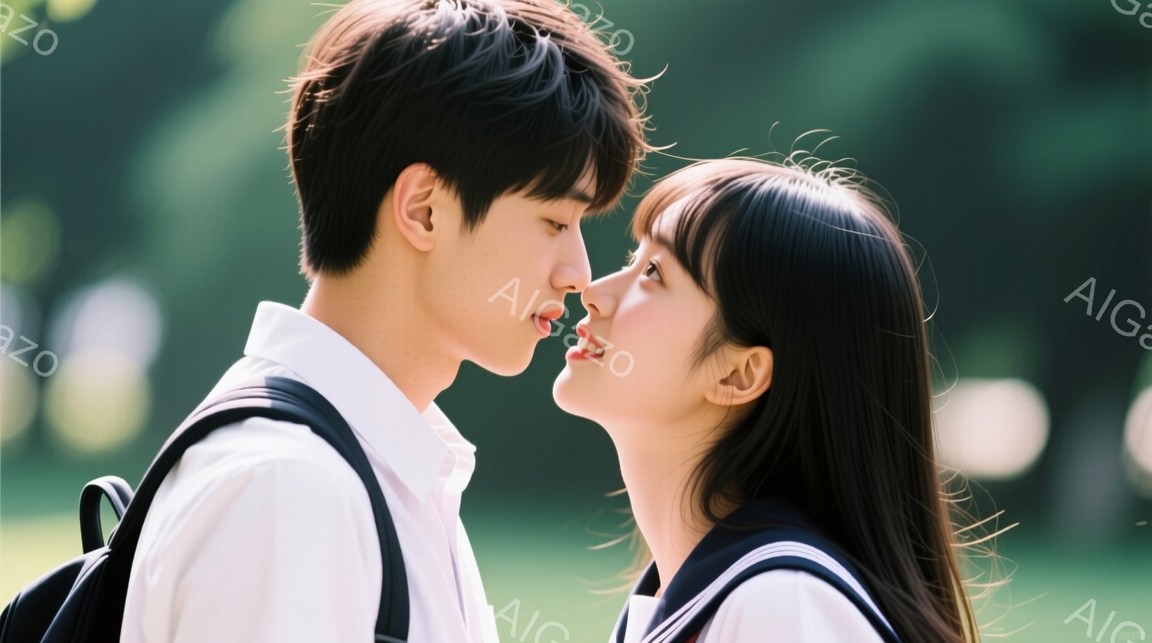 制服を着た若い男女が顔を近づけています。男性は白いシャツにネクタイ、女性はセーラー服を着ており、どちらも黒髪で、少し微笑んでいます。背景は緑豊かな自然で、ぼやけた木々や植物が見え、穏やかでロマンチックな雰囲気を醸し出しています。