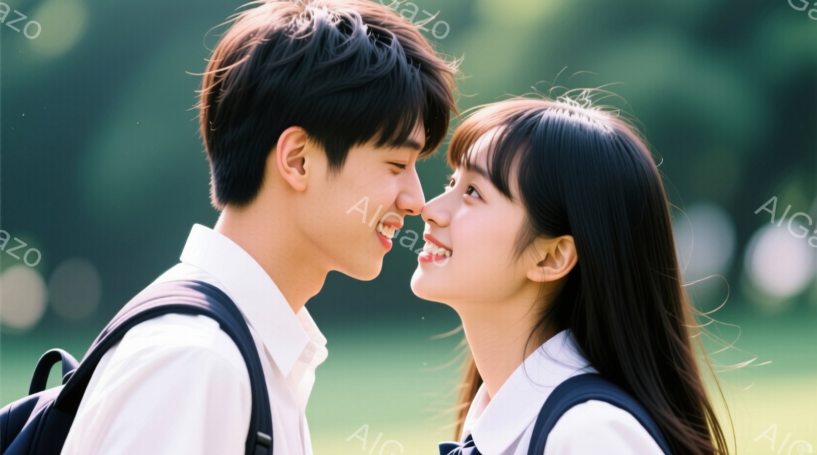 制服を着た若い男女が、顔を近づけて微笑み合っています。少年は黒髪で、白いシャツにネクタイ、肩にはリュックサックを背負っています。少女も黒髪で、同じ制服にリュックサックを背負い、明るい笑顔を浮かべており - AI生成フリー素材