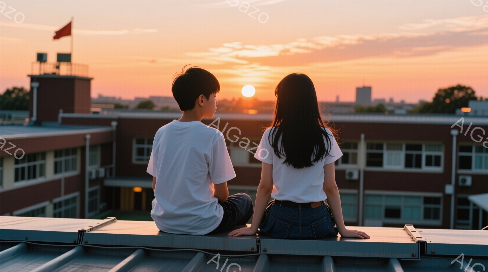 夕焼けを背景に、屋上に座る少年と少女が描かれている。少年は黒髪で白いTシャツを着ており、少女は長く黒い髪でジーンズと白いTシャツを着ている。二人は並んで座り、夕日の方角を見つめている様子から、静かで穏やかな雰囲気が感じられる。