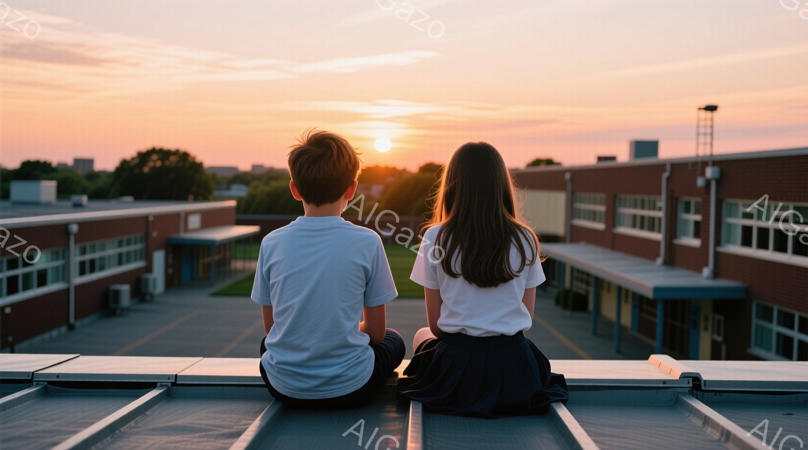 二人の子どもが建物の屋上に座り、夕焼けを眺めている。少年は短い茶髪で白いTシャツを着ており、少女は長い黒髪で白いシャツと紺色のスカートを着用している。背景には赤い夕焼け空と、レンガ造りの建物が見え、穏やかでノスタルジックな雰囲気を醸し出している。