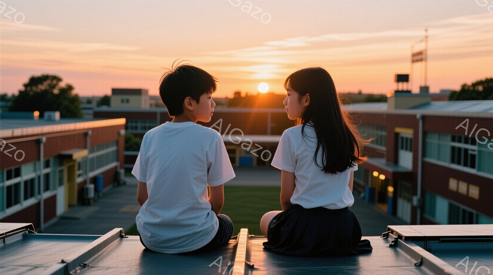 二人の子供が建物の上に座り、夕日を眺めている。少年は白いTシャツと短い髪で、少女は白いTシャツと長い黒髪で、どちらも紺色のスカートを履いている。背景には校舎や緑の芝生が見え、空はオレンジとピンクの色合いで、穏やかでノスタルジックな雰囲気を醸し出している。