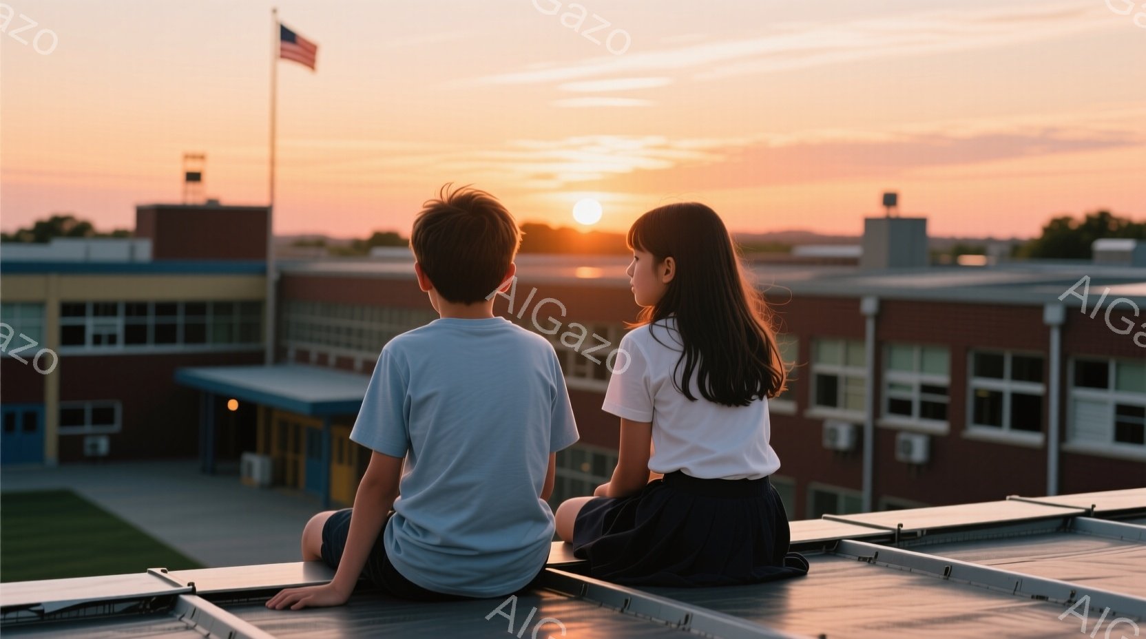 二人の子供が建物の屋上に座り、夕日を眺めている。少年は青いTシャツを着ており、少女は白いシャツと濃い色のスカートを着ている。背景にはレンガ造りの建物と旗、そしてオレンジ色と紫色の美しい夕焼け空が広がっ - AI生成フリー素材
