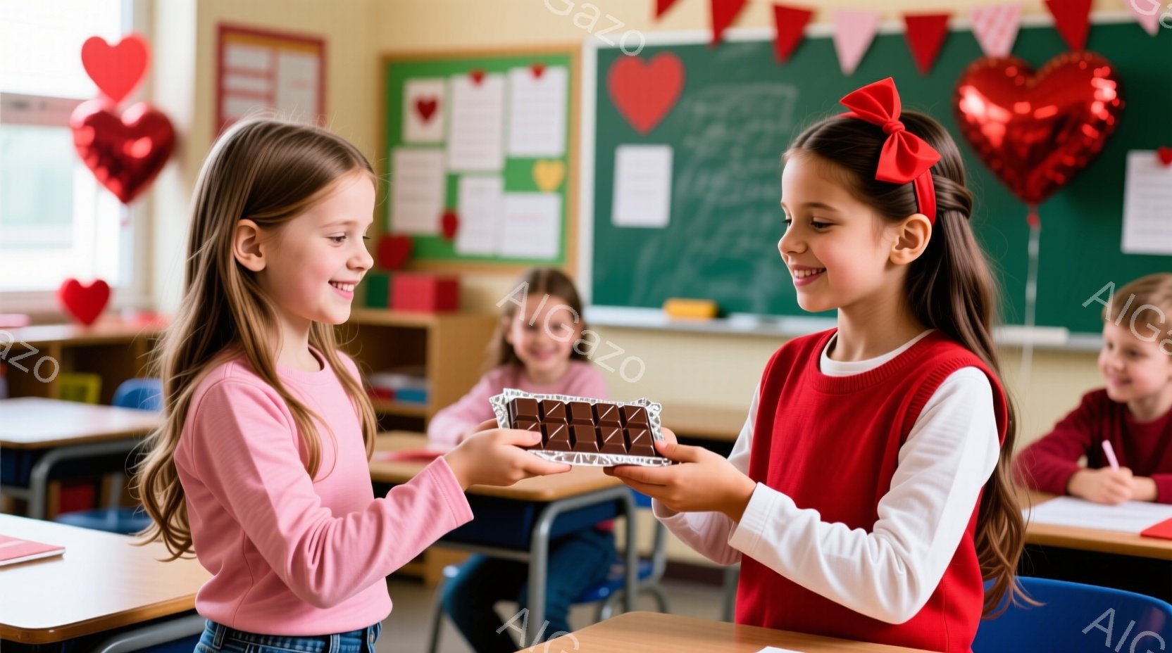 二人の女の子が教室でチョコレートを交換しています。片方の女の子はピンクのセーターを着ており、もう一人は赤いベストと白いシャツを着ています。背景には他の生徒がおり、黒板には何らかのメッセージが書かれてい - AI生成フリー素材