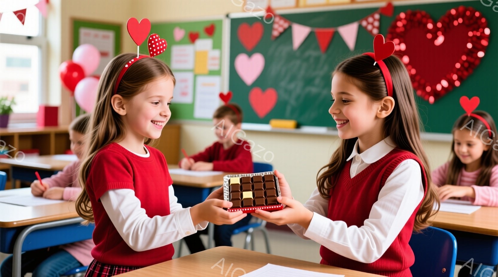 二人の少女が教室でチョコレートの箱を交換しています。赤いセーターと白いシャツを着ており、片方の少女は赤いリボンで髪を結んでいます。背景には他の生徒が座っており、教室はバレンタインデーの飾り付けがされています。