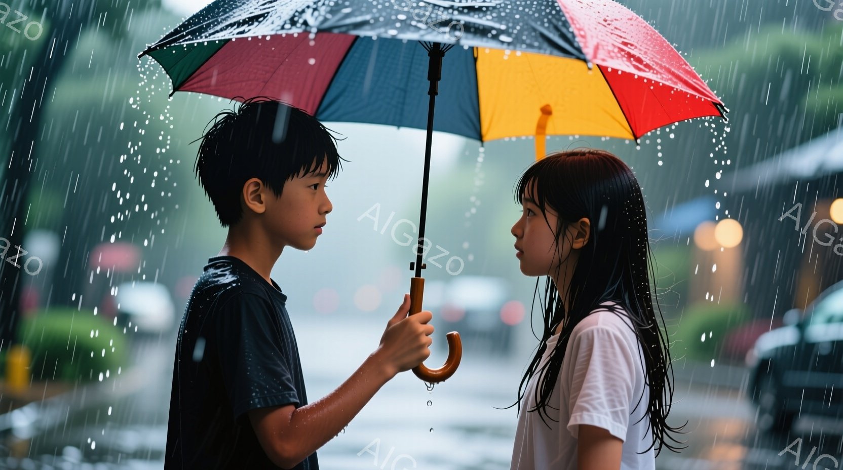 雨の降る街で、少年と少女が寄り添って立っている。少年は黒いTシャツを着ており、濡れた髪が額にかかっている。少女は白いTシャツを着ており、長い黒髪が雨に濡れている。二人は互いに顔を見つめ合わず、少し悲しげな表情をしている。背景にはぼやけた建物と街路樹が見え、雨粒が降り注いでいる。