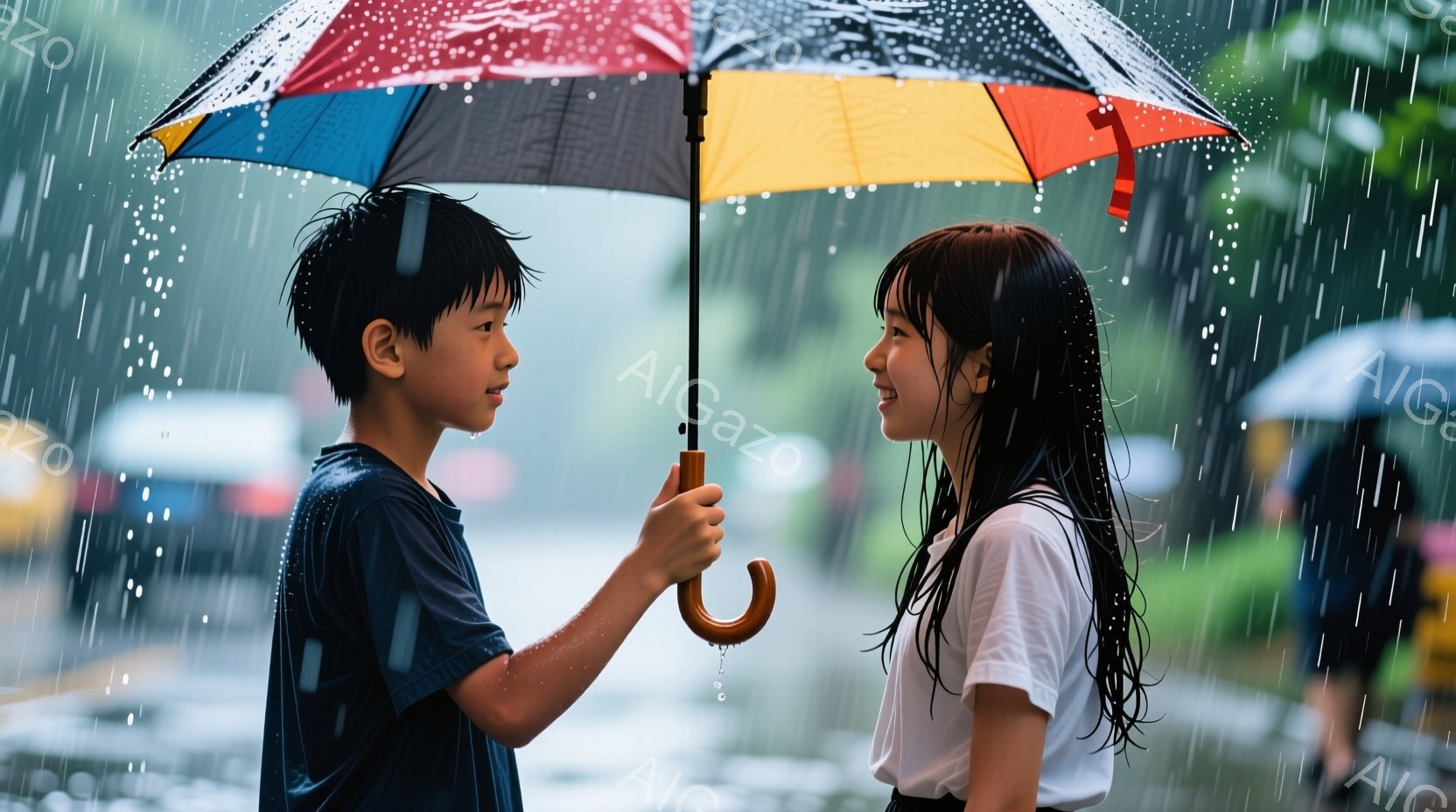 雨が強く降る中、少年と少女が寄り添っている。少年は紺色のTシャツを着ており、濡れた髪が額にかかっている。少女は白いTシャツを着ており、長い髪が雨に濡れて肩にかかっている。二人は傘の下で微笑み合い、背景にはぼやけた建物や道路、そして雨粒が写っている。