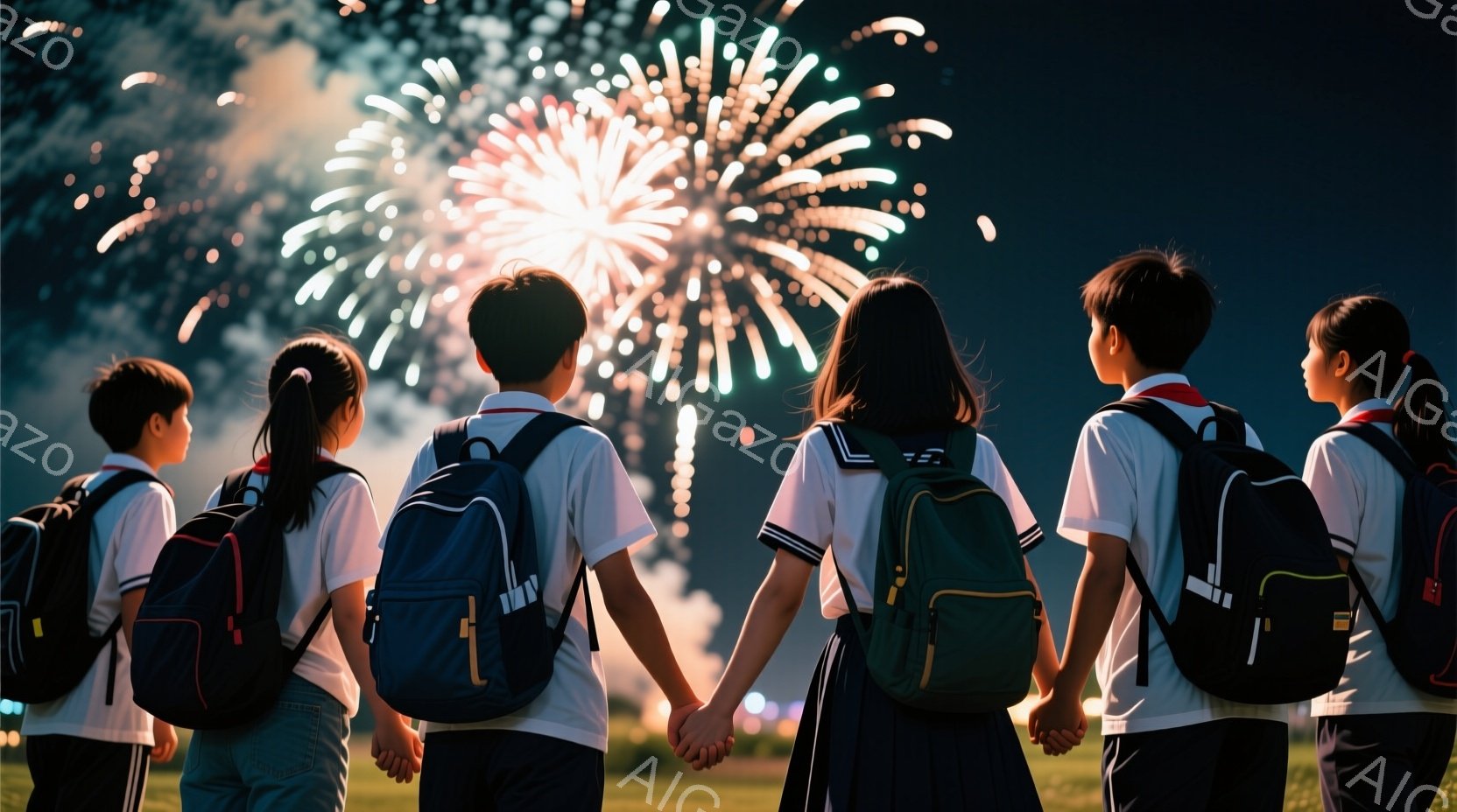 制服を着た子供たちが並んで手を繋ぎ、花火を見上げています。彼らは皆、背中にリュックサックを背負っており、夕暮れ時の緑の草原に立っています。背景には、夜空に咲き誇る鮮やかな花火が広がり、暖かい夏の夜の雰 - AI生成フリー素材