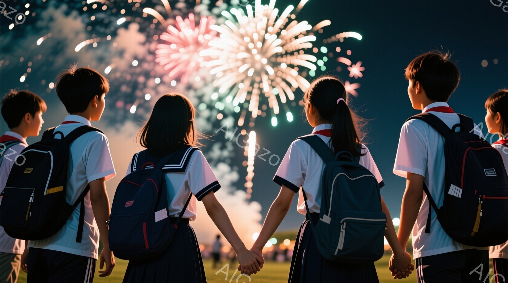 制服を着た中学生または高校生と思われる生徒たちが、肩を並べて草原に立っている。彼らは皆、黒いバックパックを背負い、手をつないでいる。背景には夜空に打ち上げられた花火が広がり、明るく幻想的な雰囲気を醸し出している。