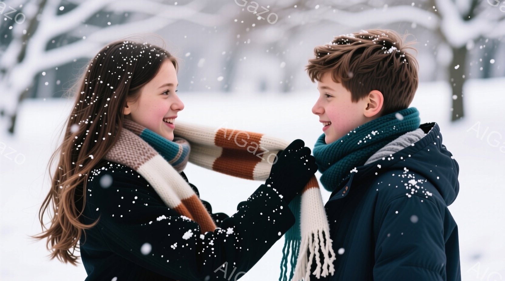雪が舞う中で、若い女性と男性が寄り添い、互いに笑顔を浮かべている。女性は茶色の長い髪で、ベージュとオレンジのストライプの暖かいスカーフを男性に巻きつけている。背景には雪景色が広がり、木々が白く覆われているため、温かく穏やかな冬の雰囲気が漂っている。