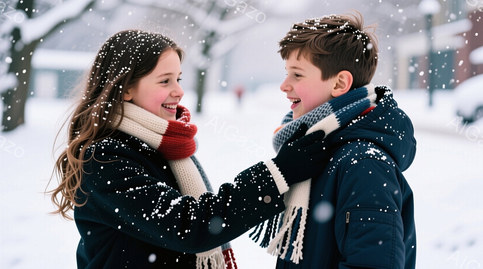 雪が降る中で、少女と少年が向き合い、笑顔を浮かべている。少女は長い茶色の髪を持ち、黒いコートと赤い模様の白いマフラーを巻いている。少年は短い髪で、濃い青色のジャケットと白いマフラーを巻いており、背景に - AI生成フリー素材