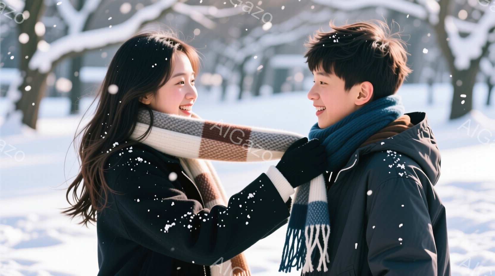 長い黒髪の女性と、短い黒髪の男性が雪の中で向き合い、互いに微笑んでいます。女性は黒いコートを着ており、ベージュと茶色のチェック柄のスカーフを男性に巻き付けているようです。背景は雪に覆われた木々と白い風 - AI生成フリー素材