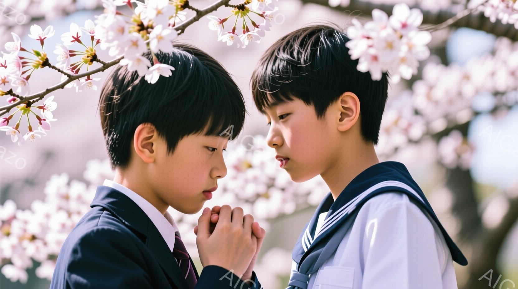 桜の花びらが舞う中、制服を着た少年二人が向かい合って立っています。少年たちは黒髪で、前髪を少し下ろしたヘアスタイルです。表情は真剣で、互いの手を握りしめています。 - AI生成フリー素材