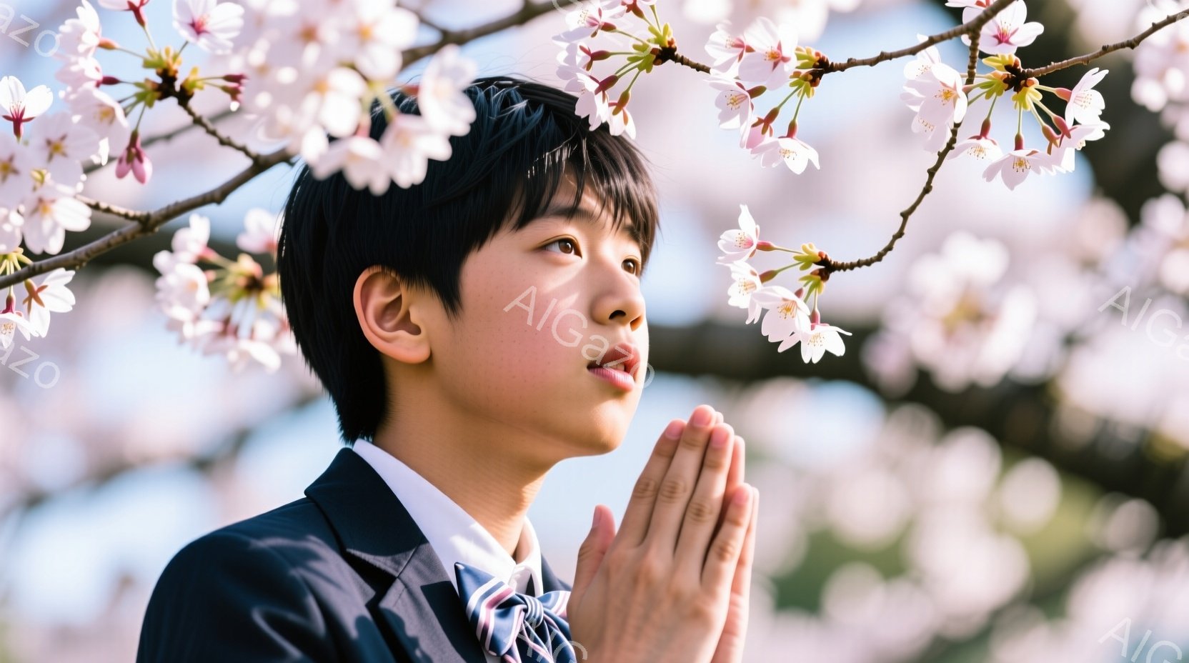 制服を着た少年が、桜の花びらが舞う中で祈るように両手を合わせています。 少年は黒髪で、少し上を見つめる表情はどこか希望に満ちています。 背景には、ぼやけた桜並木が広がり、春の暖かく穏やかな雰囲気を醸し出しています。
