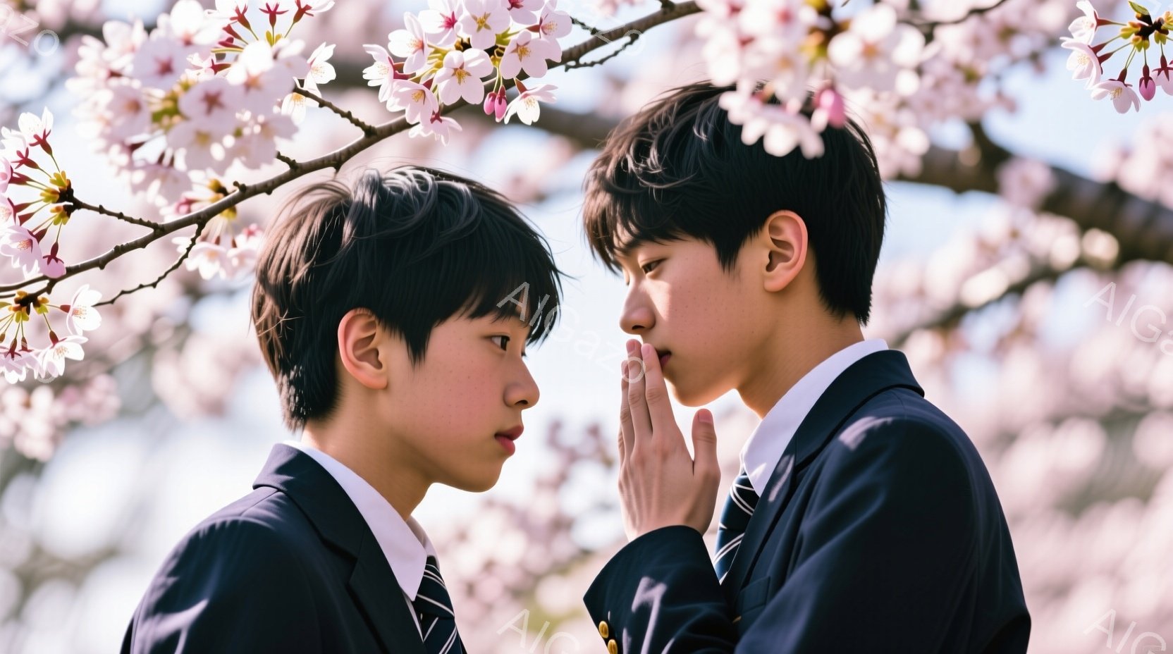 二人の少年が桜並木の真下で向き合っている。紺色の制服に身を包み、髪は短く整えられている。一人は口元に手を当てて何かを囁いているように見え、もう一人は真剣な眼差しでそれを見つめている。