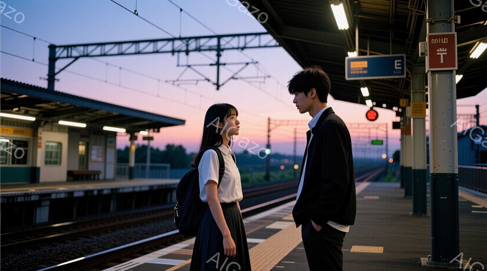 プラットフォームに立つ若い男女が描かれている。女性は白いブラウスと黒いスカート、黒いバックパックを背負い、少し緊張した表情で男性を見上げている。男性は黒いジャケットと白いシャツを着て、両手をポケットに入れ、女性を見つめている。背景には鉄道線路、駅のプラットフォーム、そして夕焼け空が広がり、どこか物憂げで切ない雰囲気を醸し出している。