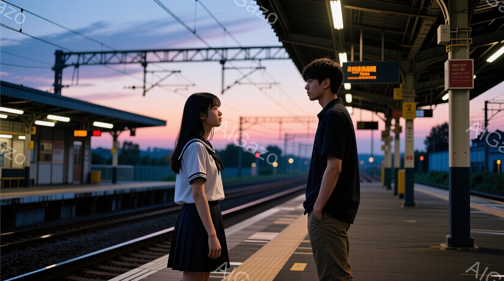少女はセーラー服を着て、黒いロングヘアを後ろに垂らしています。少年は黒いTシャツとベージュのズボンを着用し、少しうつむき加減で少女を見つめています。背景には鉄道のプラットフォーム、線路、遠くの建物、そして夕焼け空が広がっており、少し切ない、静かな雰囲気を醸し出しています。