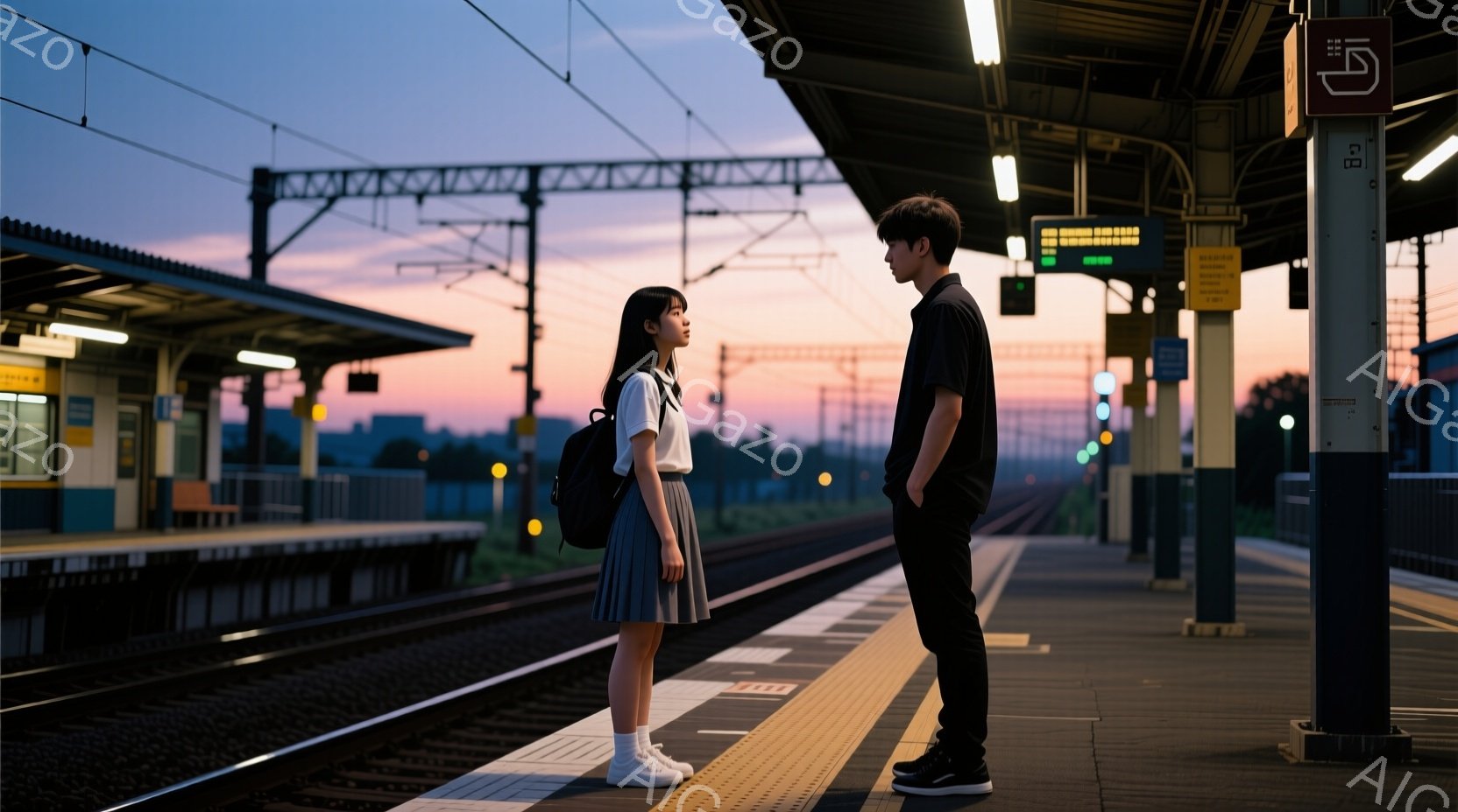プラットフォームに立つ若い男女が描かれています。女性は白いシャツにグレーのスカート、白いスニーカーを履き、黒いリュックを背負っています。男性は黒いシャツとズボンを着用し、カジュアルな服装です。背景には鉄道線路、駅の構造物、そして夕焼け空が広がっており、全体的に少し寂しげで、物思いにふけるような雰囲気が漂っています。
