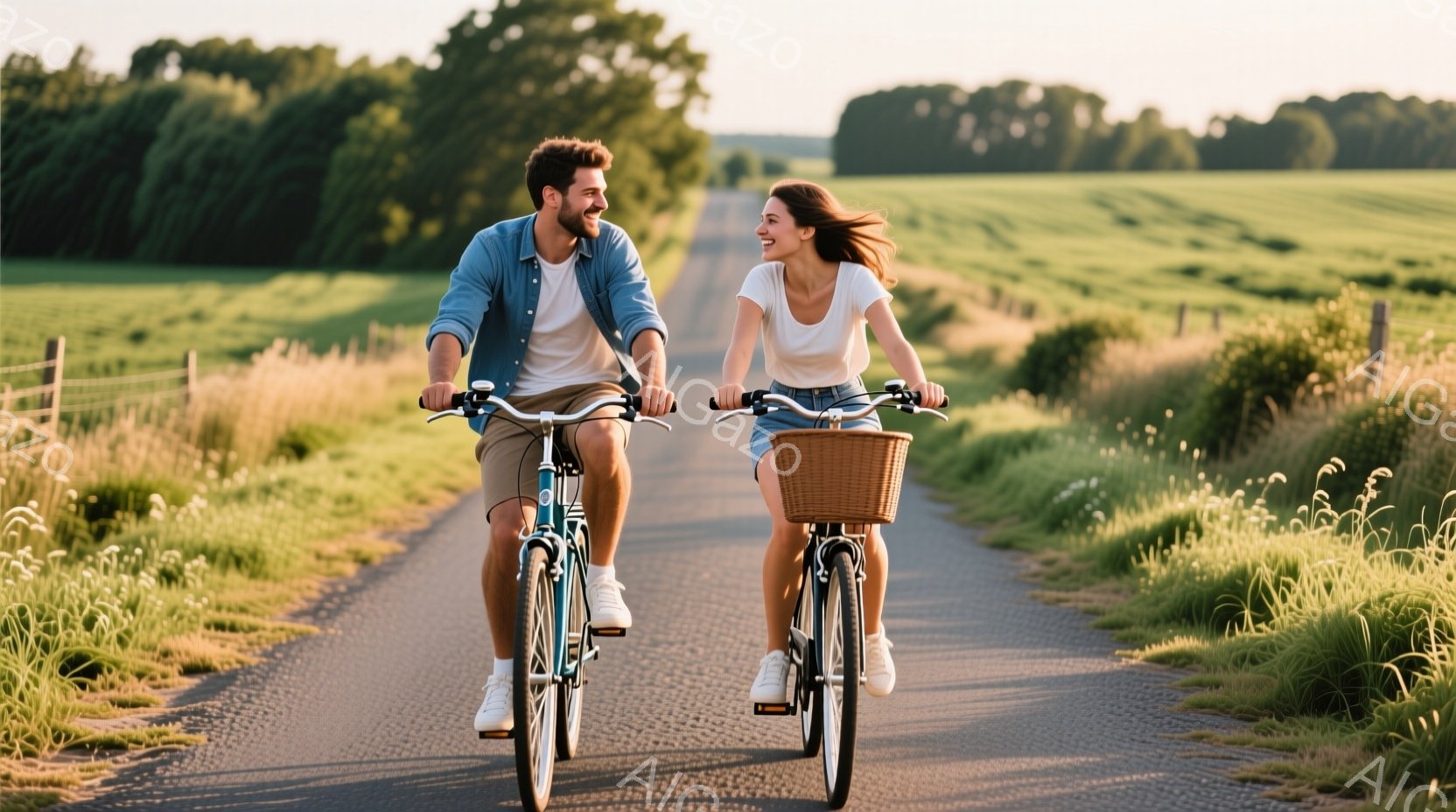 若い男女がアスファルトの道で自転車に乗っている。男性は明るい青色のシャツに白いズボンを着用し、女性は白いTシャツとデニムのショートパンツを着ている。背景には緑豊かな田園風景が広がり、天候は晴れて穏やかで、二人は互いに微笑みながら、リラックスした雰囲気でサイクリングを楽しんでいる。