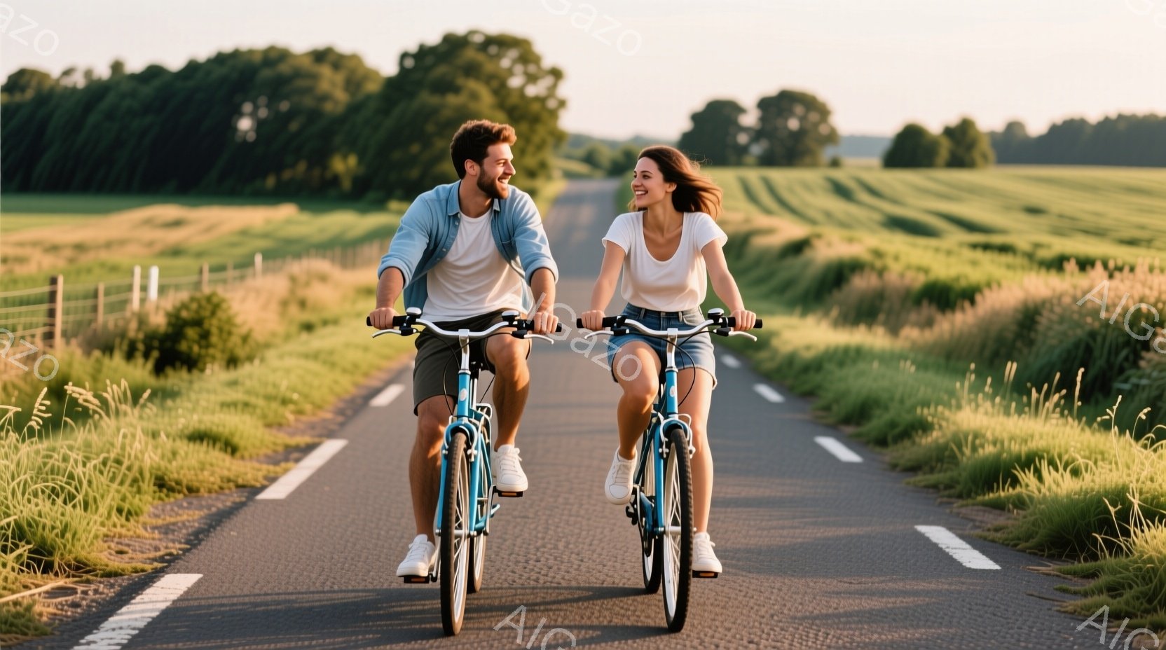 紺色の自転車に乗った若い男女が、アスファルトの道路を並んで走っている。男性は青いシャツに短パン、女性は白いTシャツにデニムの短パン姿で、互いに微笑み合い、幸せそうな表情をしている。背景には緑豊かな草原が広がり、晴れた空と穏やかな光が、平和で明るい雰囲気を醸し出している。