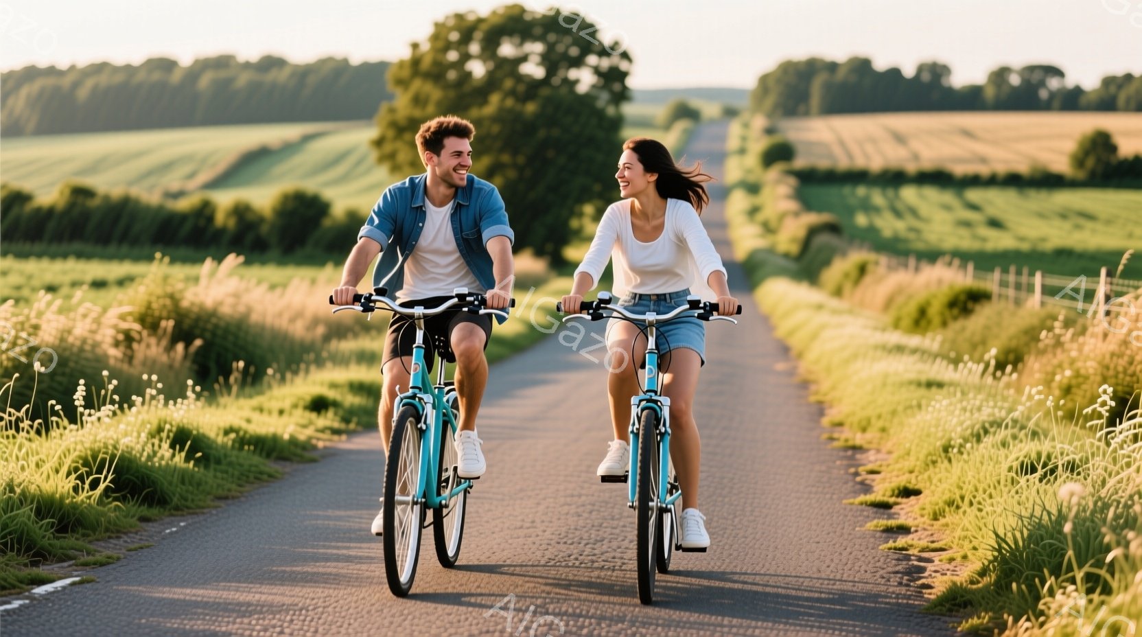 若い男女が、緑豊かな田園地帯の道を自転車で並んで走っている。男性はデニムシャツに短パン、女性は白いシャツにデニムの短パンというカジュアルな服装で、どちらも笑顔で楽しそうにしている。背景には、緑の畑と穏やかな天候が広がっており、全体的に明るく、リラックスした雰囲気が漂っている。
