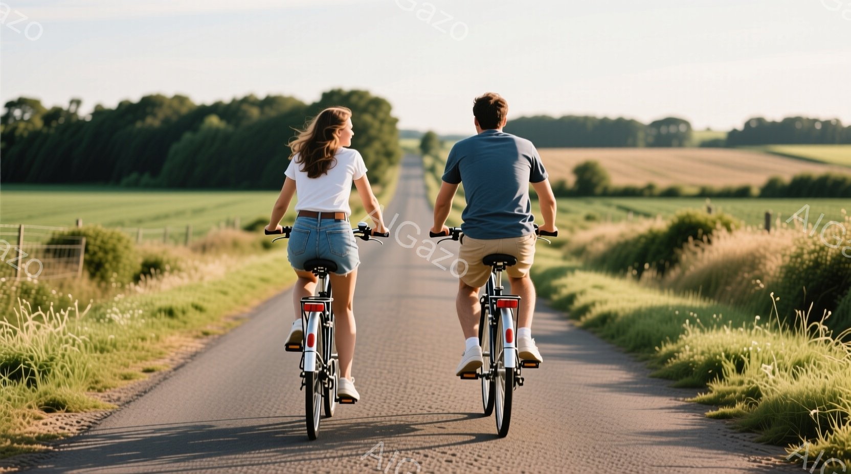舗装された田舎道を二人が自転車に乗って進んでいる。女性は白いTシャツにデニムのショートパンツを履いており、髪は後ろで結ばれている。背景には緑豊かな田園風景が広がり、穏やかな晴天の下、二人はリラックスした雰囲気でサイクリングを楽しんでいるようだ。